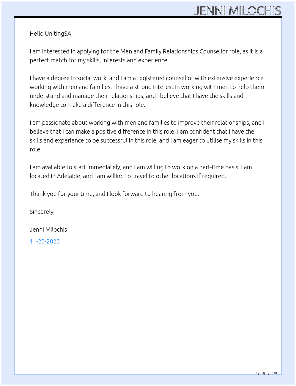 Men and Family Relationships Counsellor At UnitingSA Cover Letter