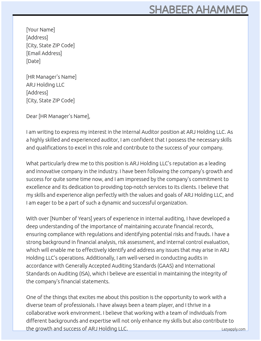 Internal Auditor At ARJ Holding LLC Cover Letter