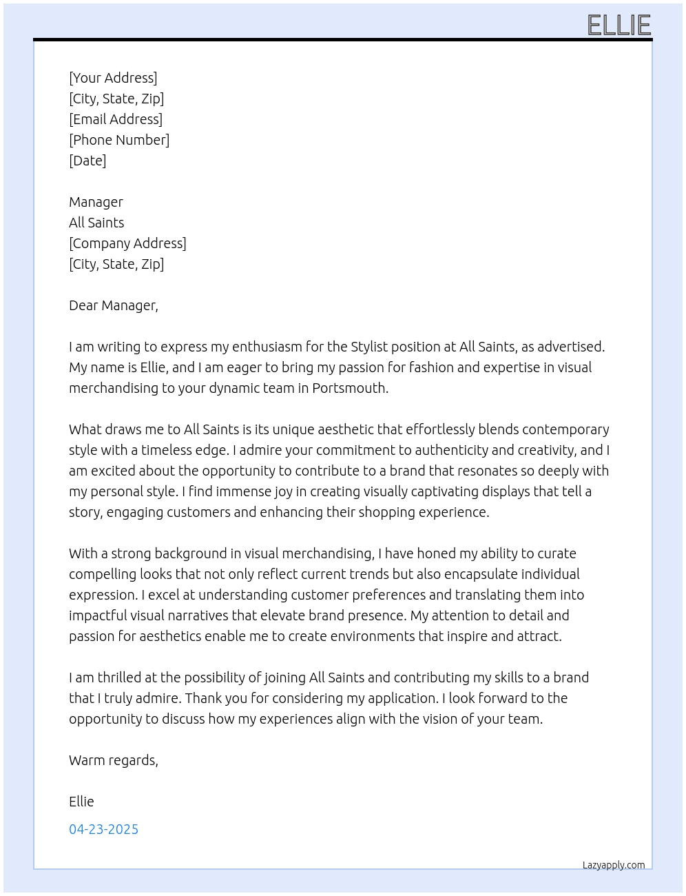 Stylist At All saints Cover Letter