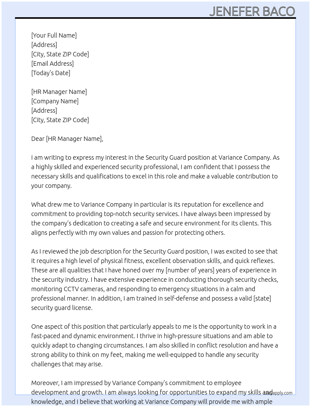 Security Guard At Variance Company Cover Letter