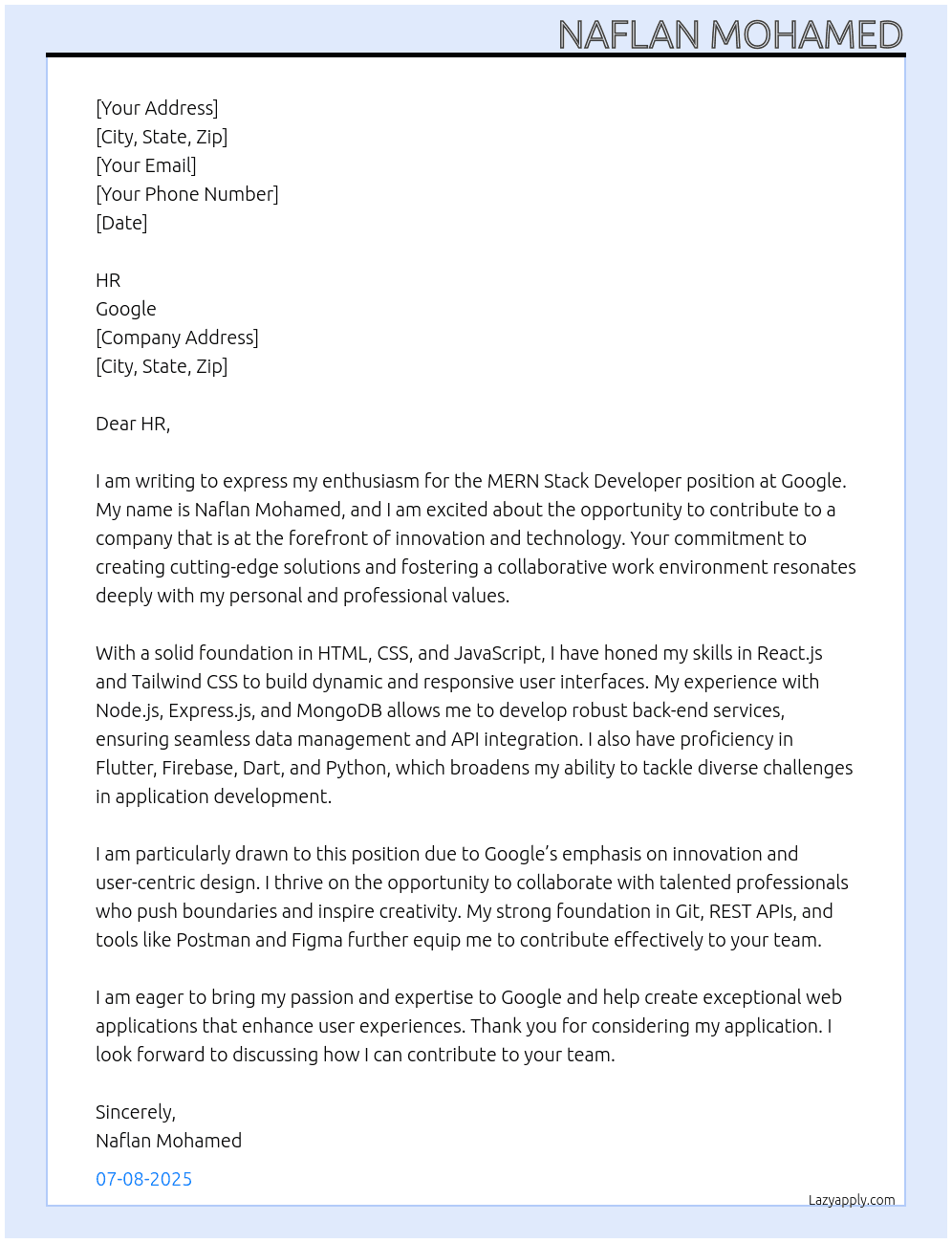 Cover letter for mern stack developer - LazyApply