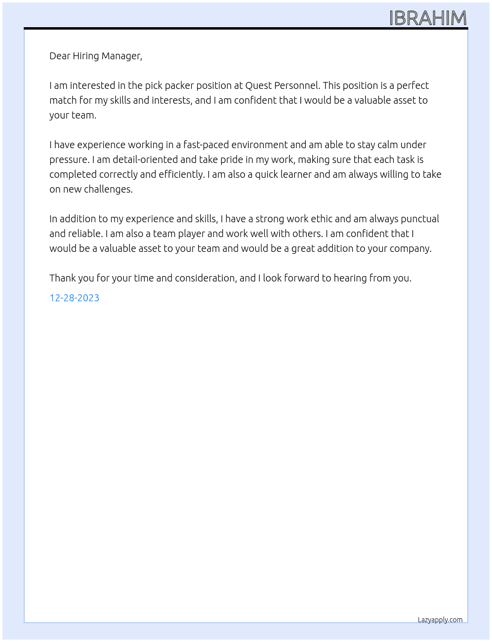 Pick packer At Quest Personnel Cover Letter