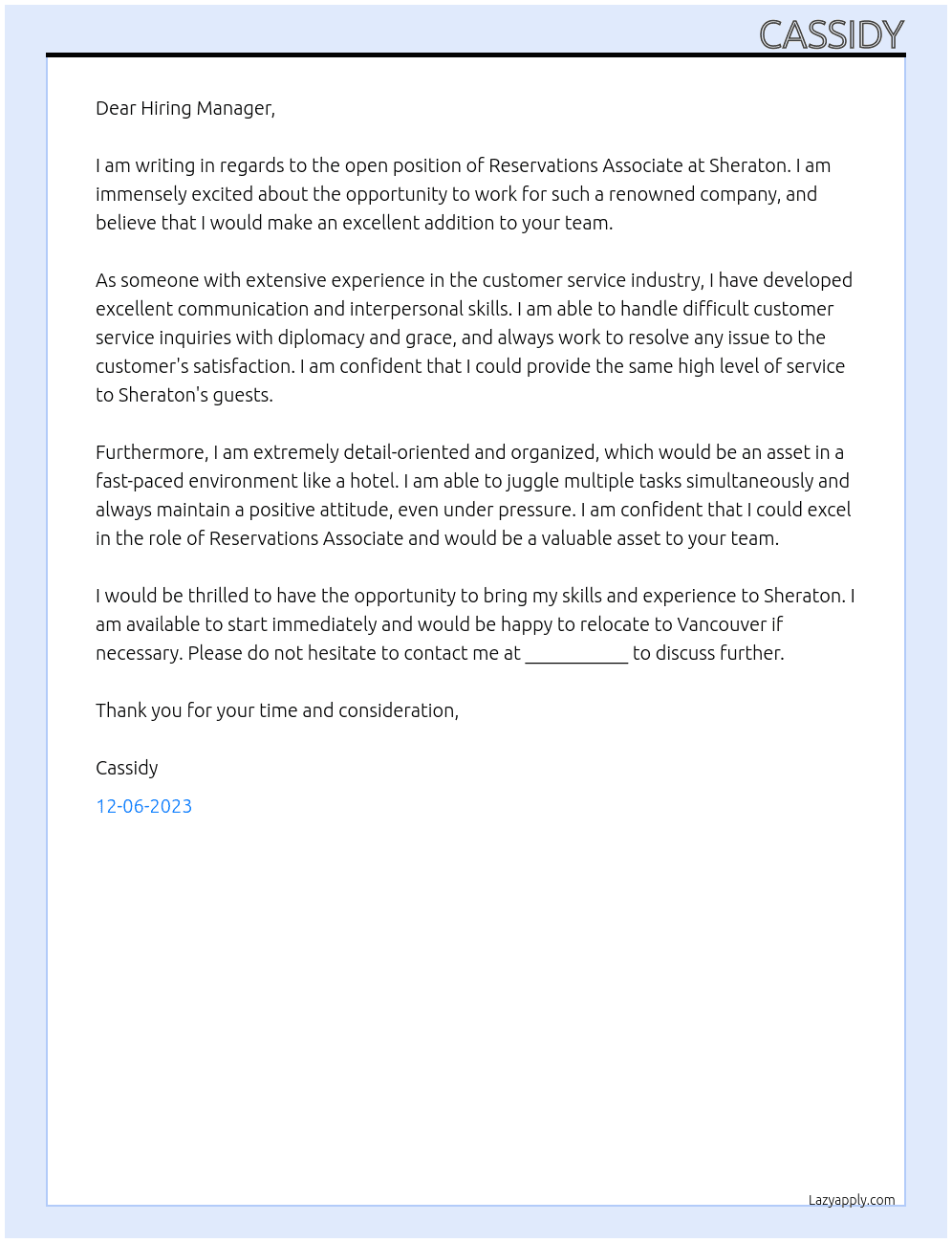 Reservations Associate At Sheraton Cover Letter