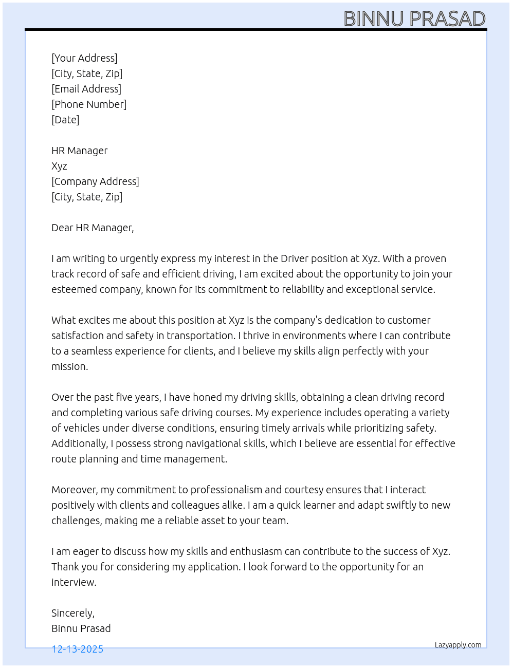 Driver At Xyz Cover Letter