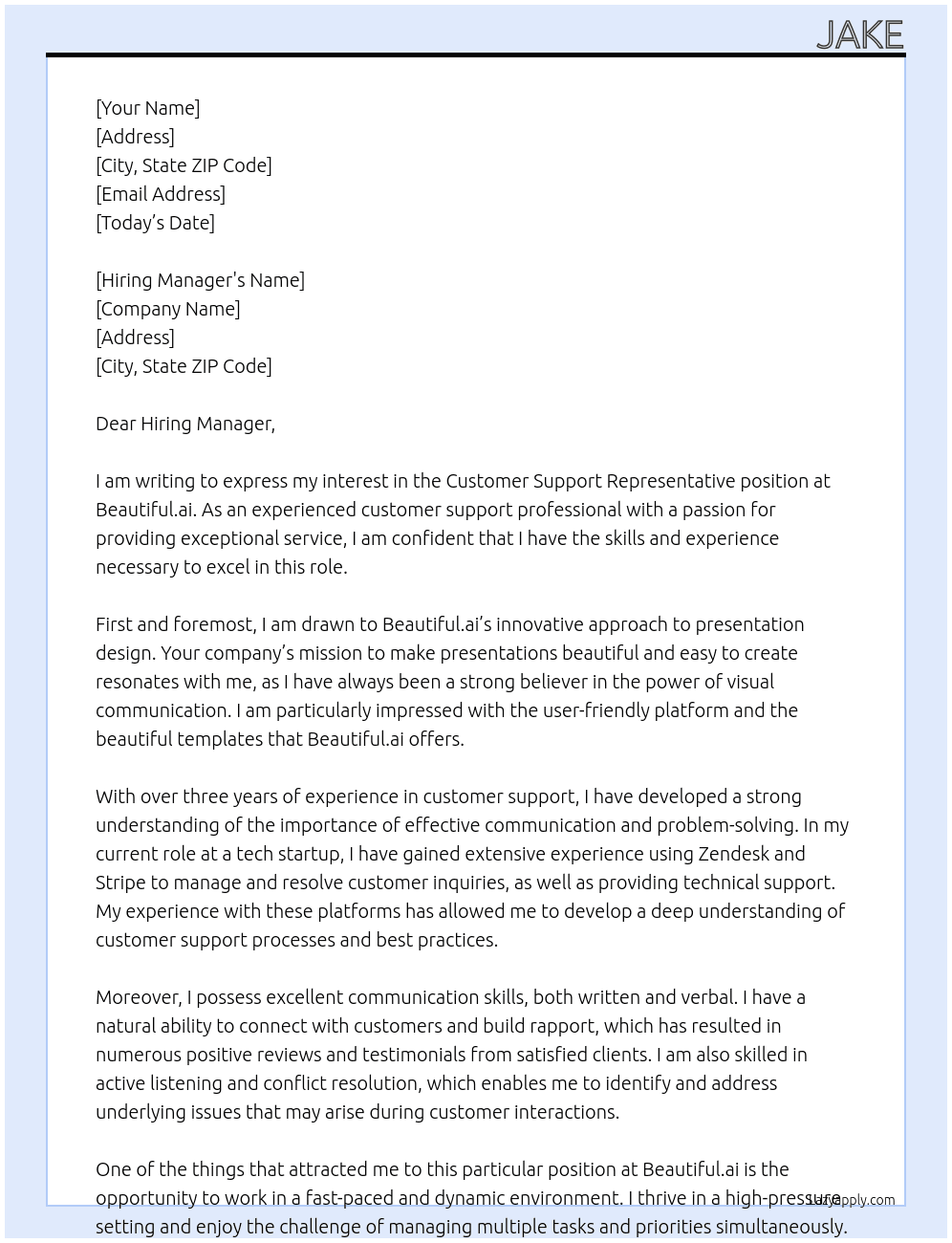 Customer Support Representative At Beautiful.ai Cover Letter