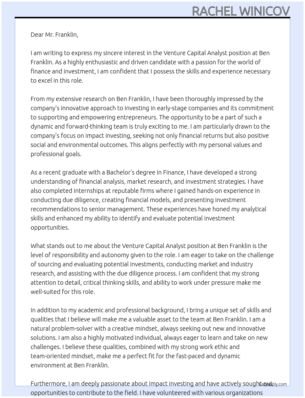 Venture Capital Analyst  At Ben Franklin Cover Letter