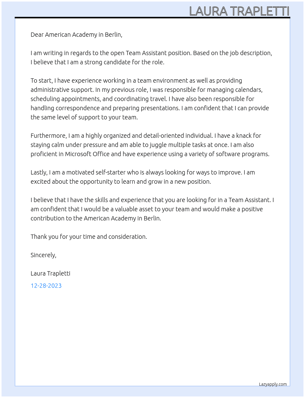 Team Assistant At American Academy in Berlin  Cover Letter