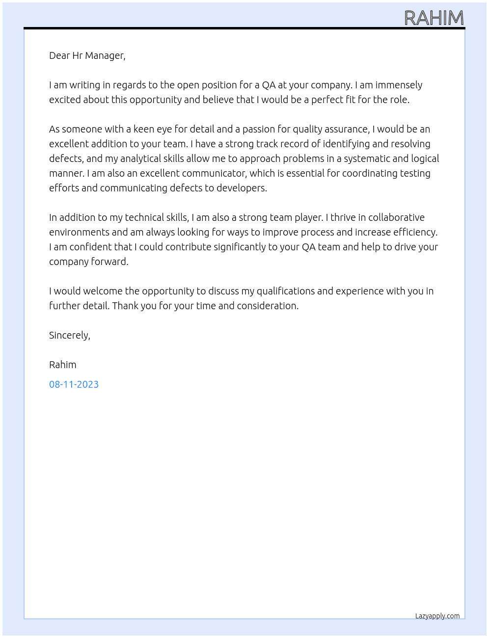 qa At your company Cover Letter