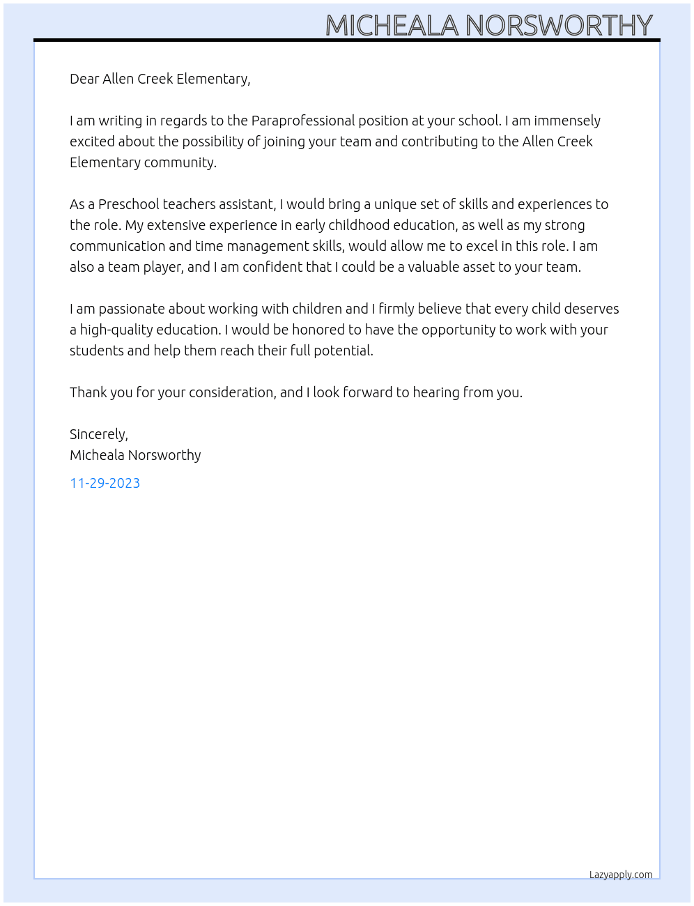 Paraprofessional  At Allen creek Elementary  Cover Letter