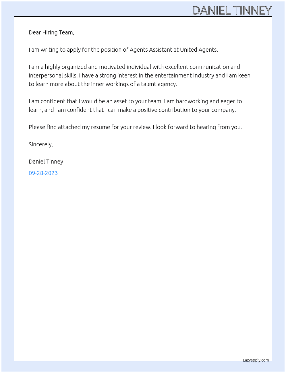 Agents assistant  At United Agents Cover Letter