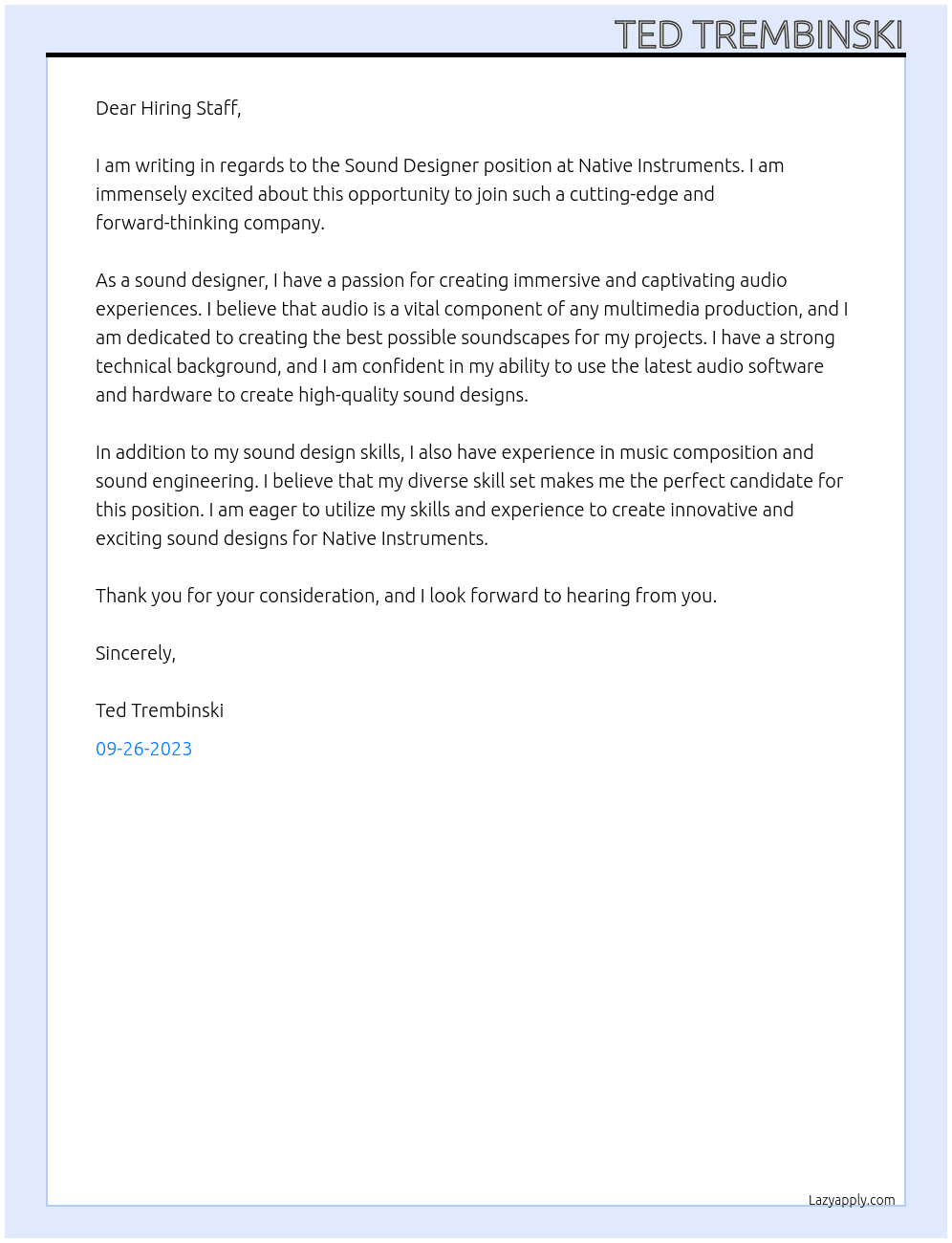 Sound Designer At Native Instruments Cover Letter
