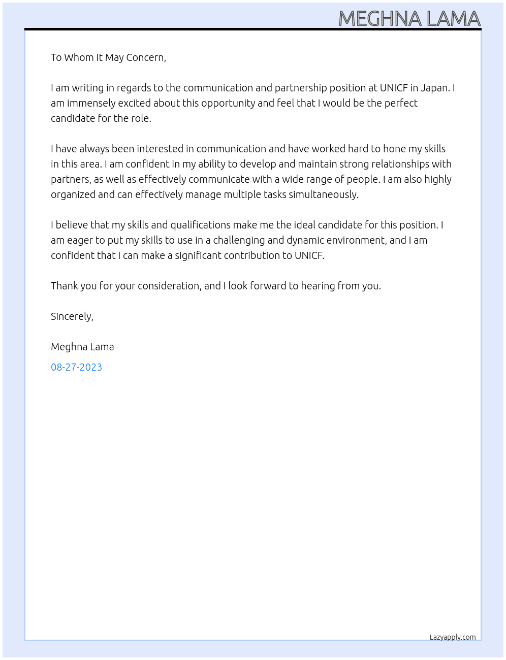 communication,partnership At UNICF Cover Letter