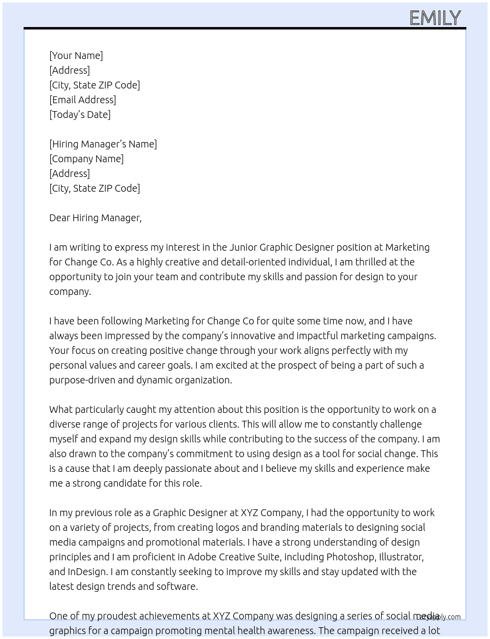 Junior Graphic Designer At Marketing for Change Co Cover Letter