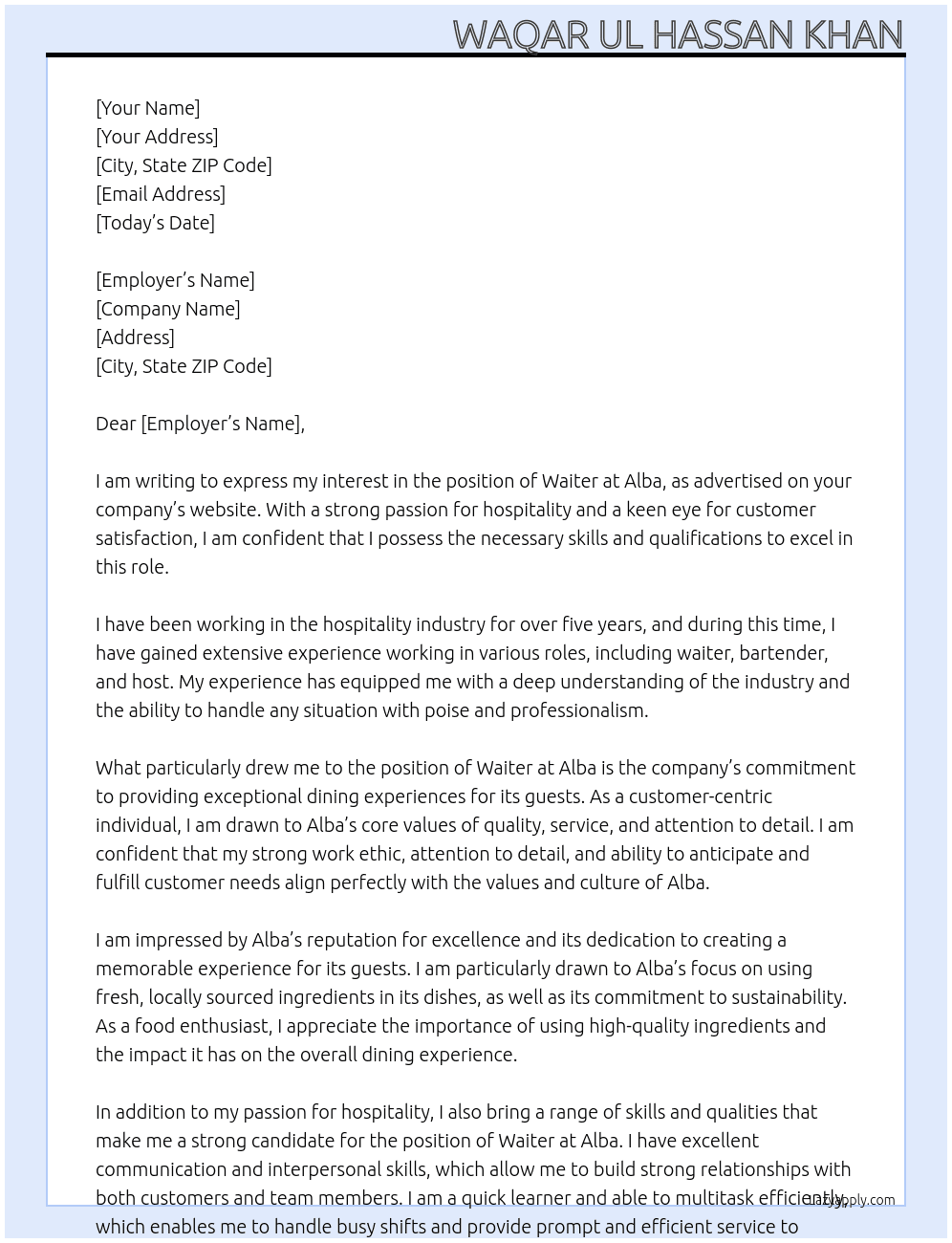 Waiter At Alba Cover Letter