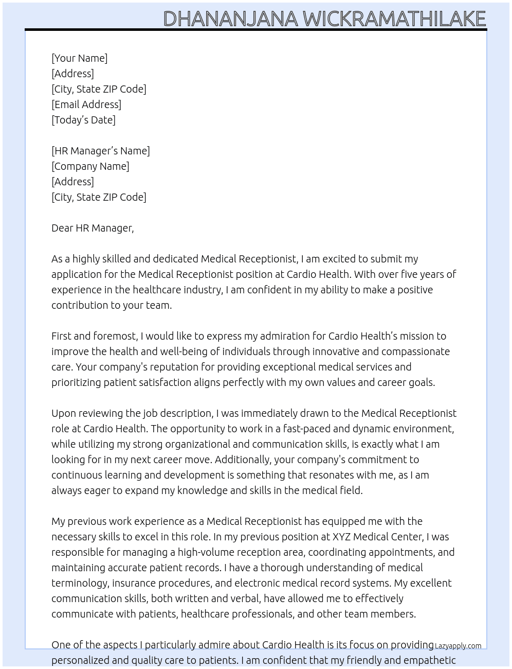 Medical Receptionist At Cardio Health Cover Letter