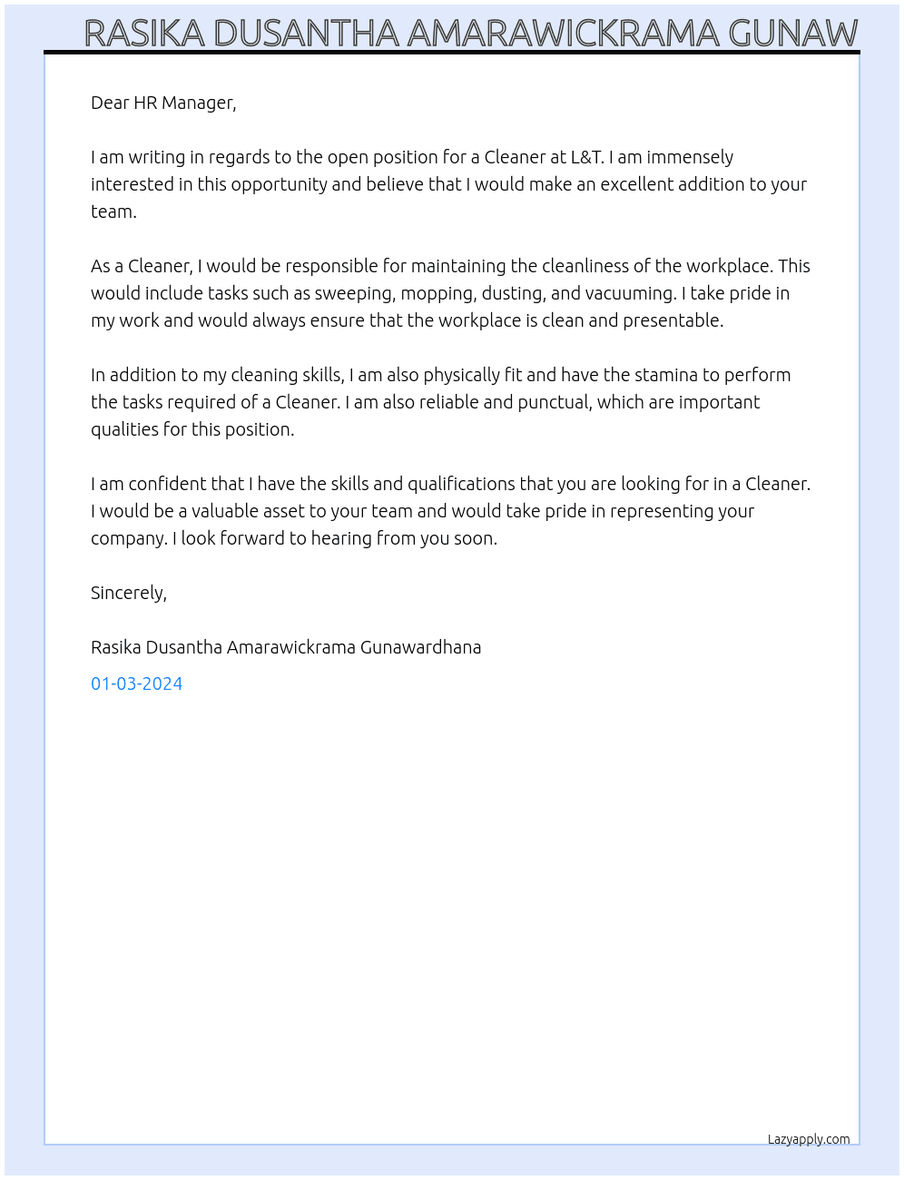 Cleaner  At L& T Cover Letter
