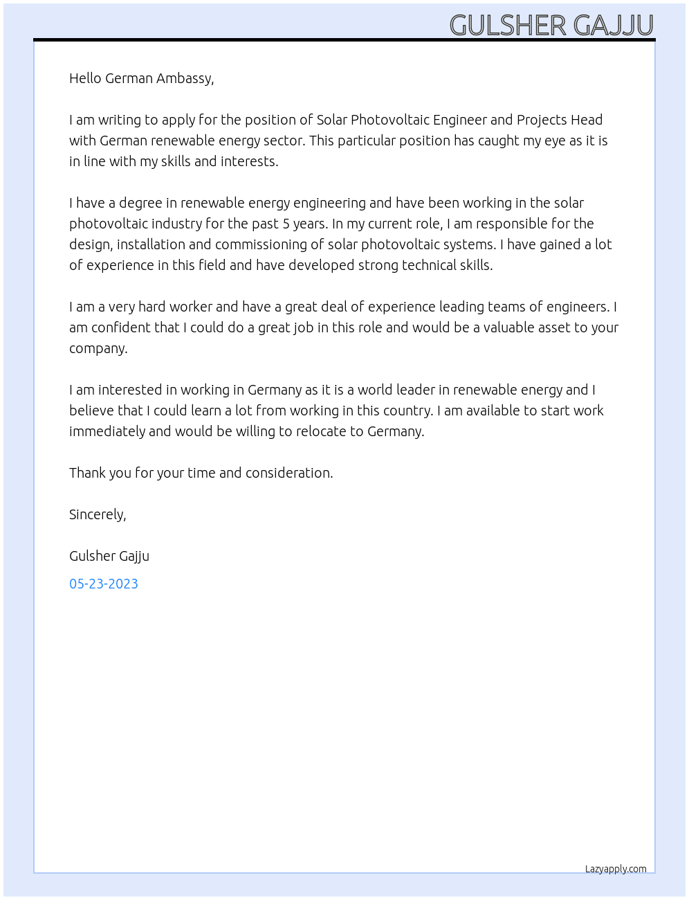 Solar photovoltaic engineer and projects head  At German renewable energy sector  Cover Letter