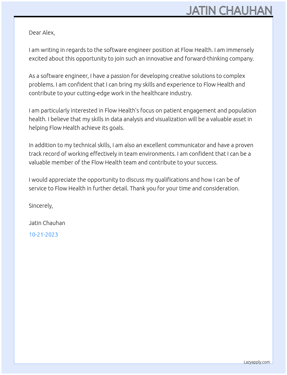 Software Engineer At Flow Health Cover Letter