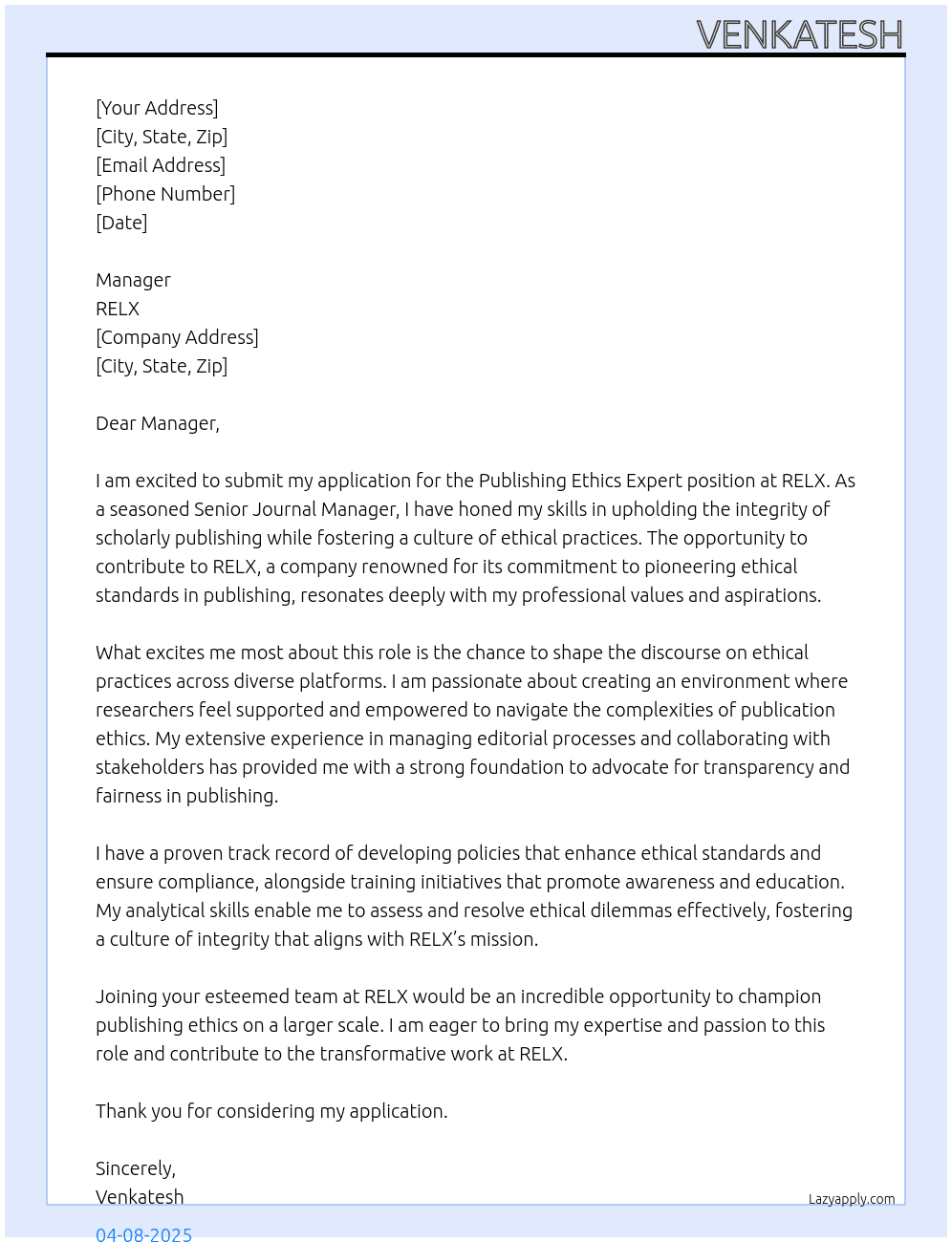 Publishing Ethics Expert At RELX Cover Letter