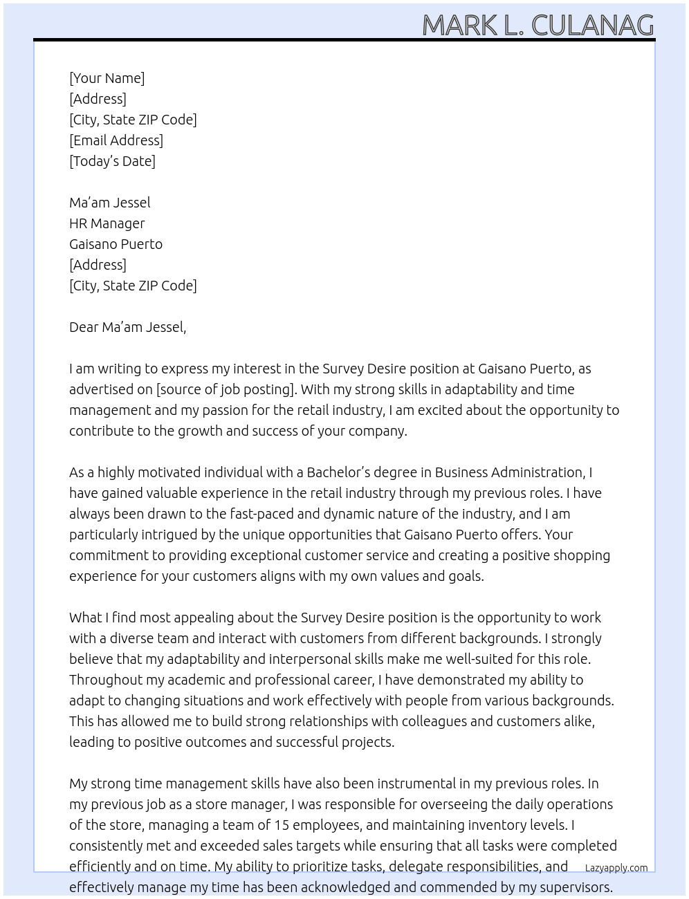 Survey Desire At Gaisano Puerto Cover Letter