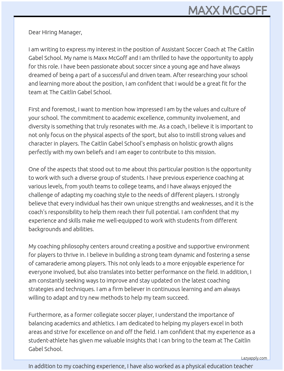 Assistant Soccer Coach At The Caitlin Gabel School Cover Letter