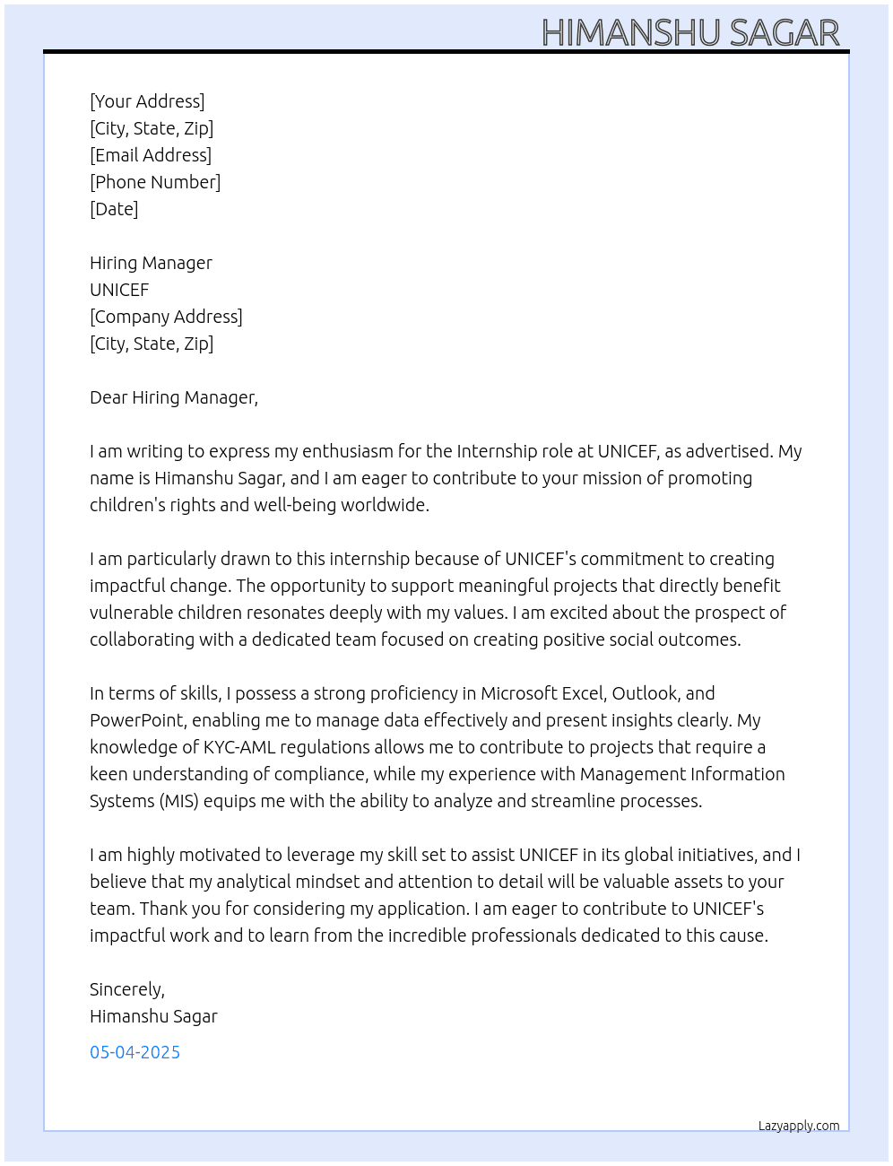 Cover letter for internship at unicef - LazyApply