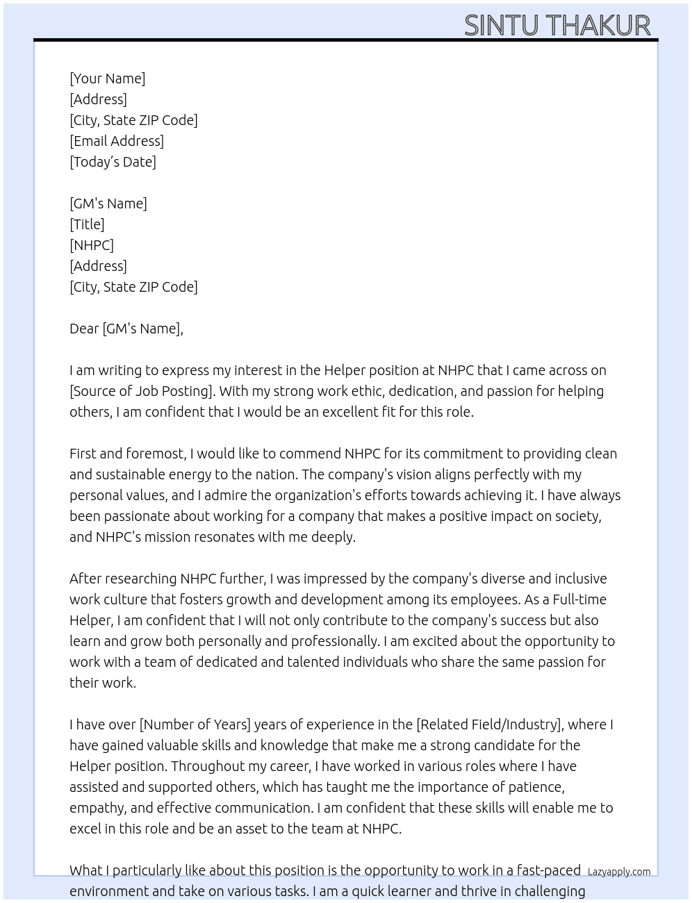 Helper At NHPC  Cover Letter