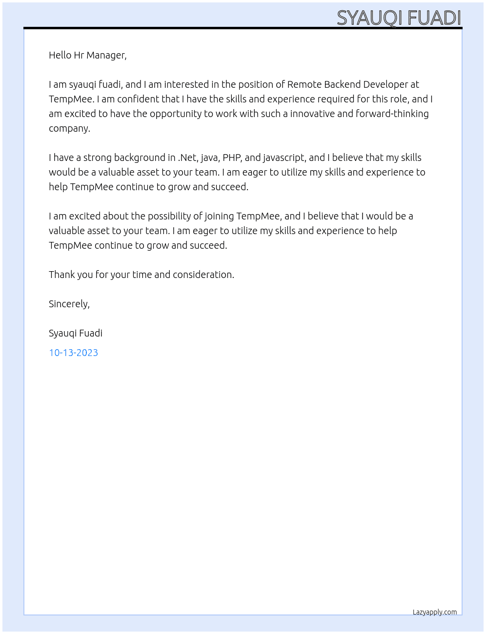  Remote Backend Developer  At TempMee  Cover Letter