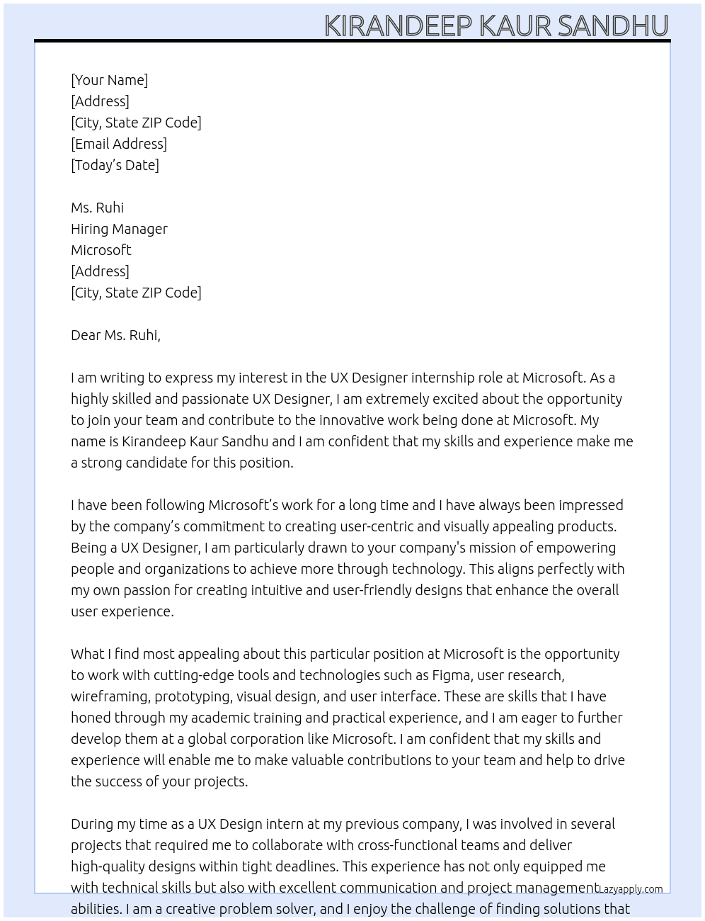 UX Designer At Microsoft Cover Letter