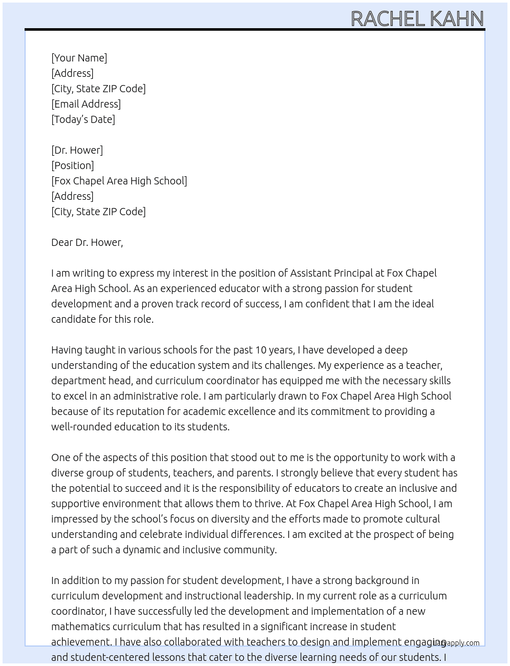 assistant principal At Fox Chapel Area High School Cover Letter