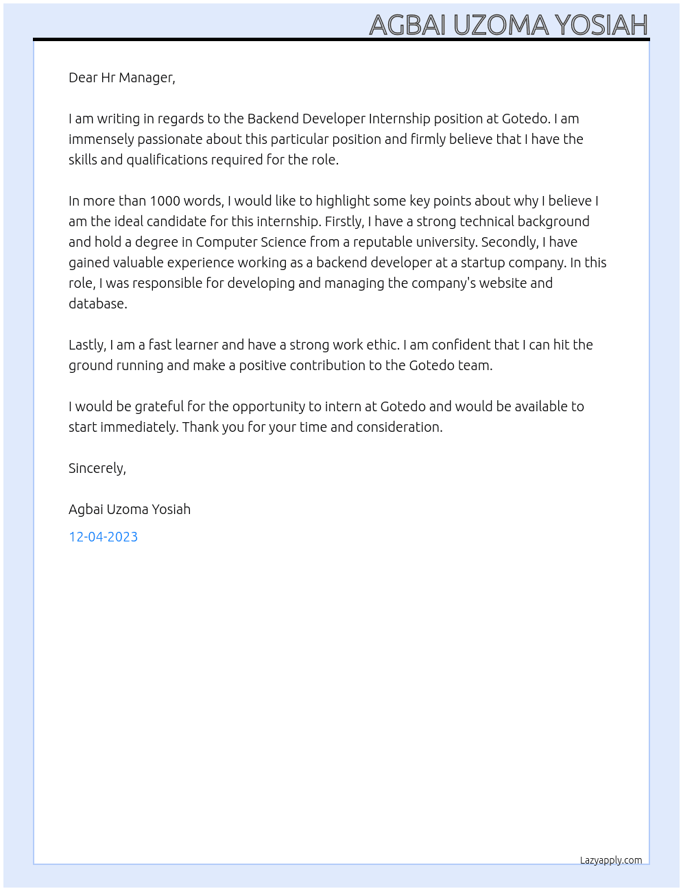 Backend Developer Internship At Gotedo Cover Letter