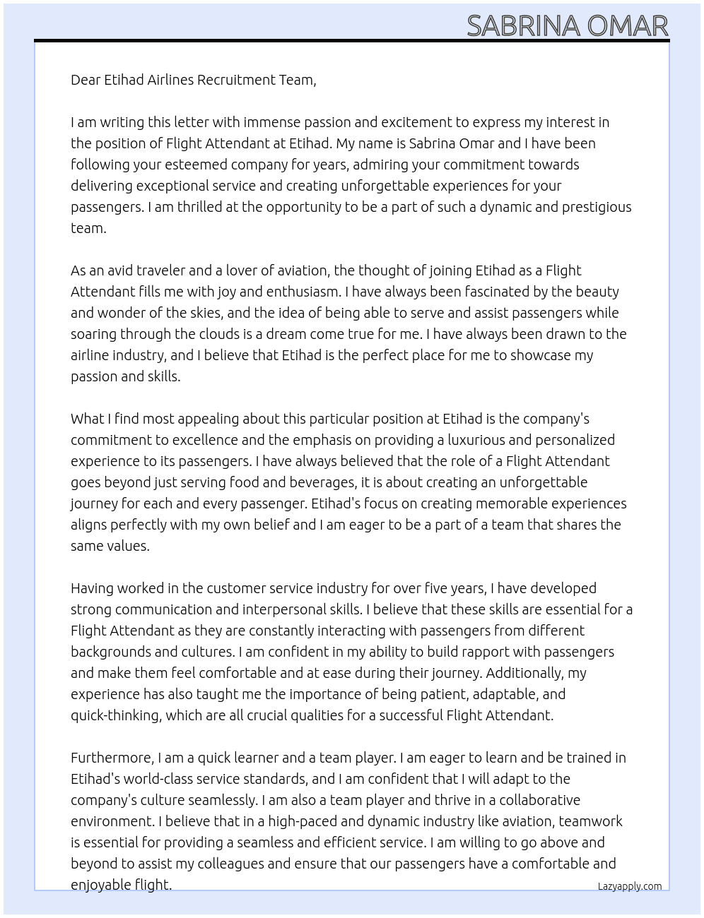 Flight attendant At etihad Cover Letter