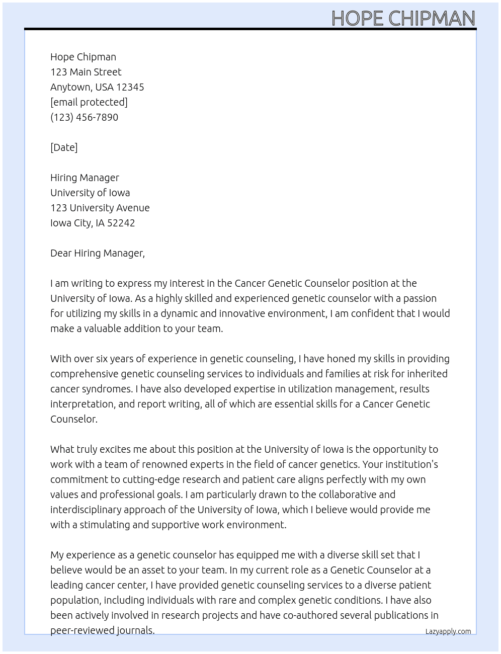 Cancer Genetic Counselor At University of Iowa Cover Letter