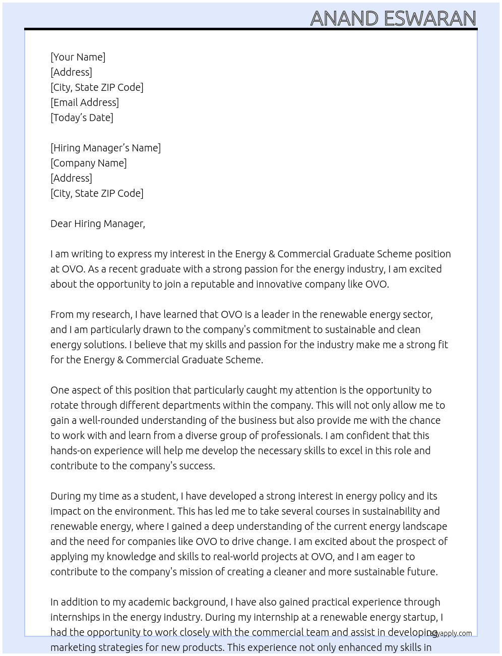 Energy & Commercial Graduate Scheme At OVO Cover Letter