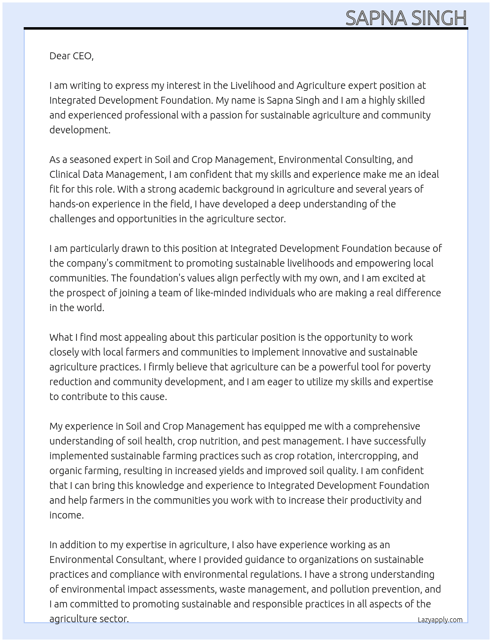 Livelihood and Agriculture expert At Integrated Development Foundation Cover Letter