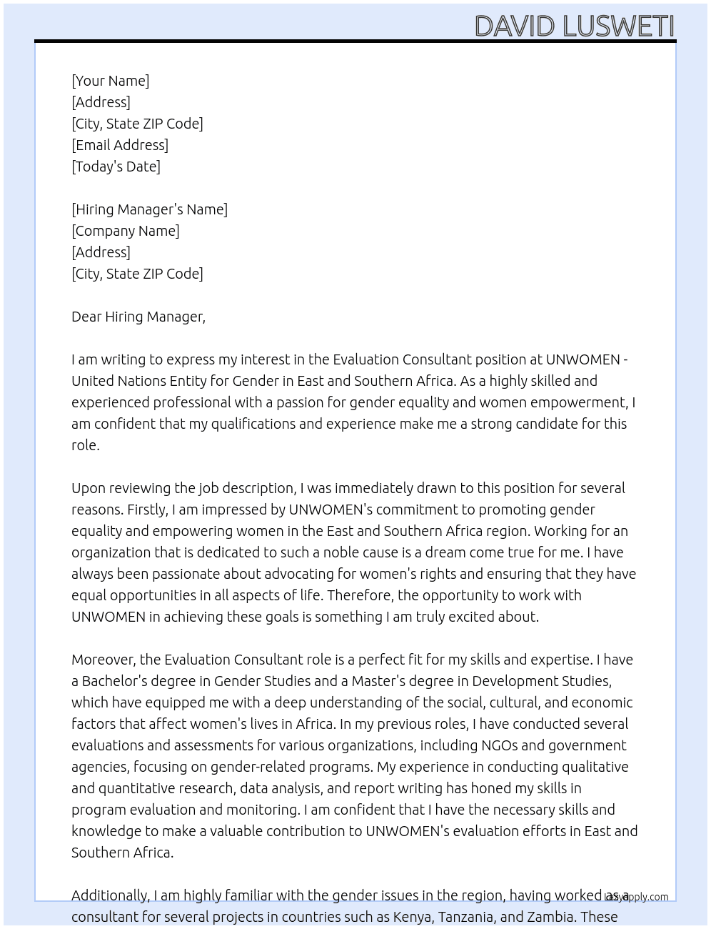 Evaluation Consultant - East and Southern Africa At UNWOMEN - United Nations Entity for Gender Cover Letter
