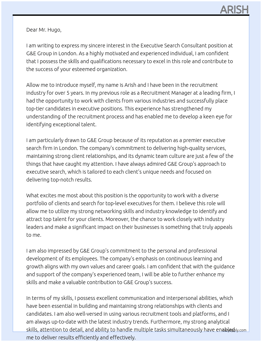 Executive Search Consultant  At G&E Group - London Cover Letter