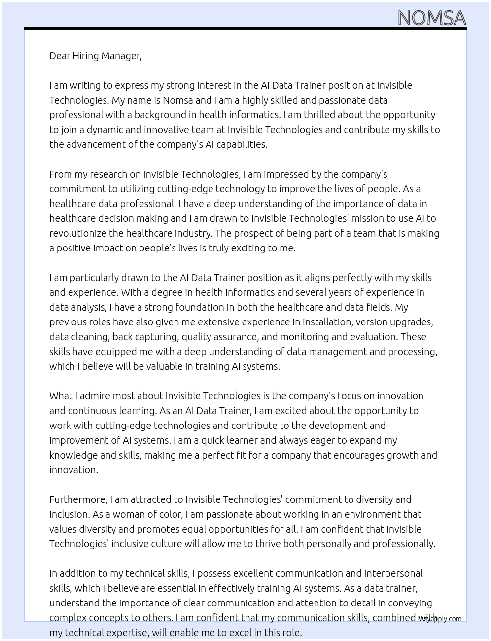 AI Data Trainer At Invisible Technologies Cover Letter