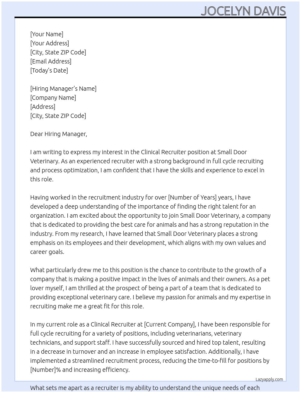 Clinical Recruiter At Small Door Veterinary  Cover Letter