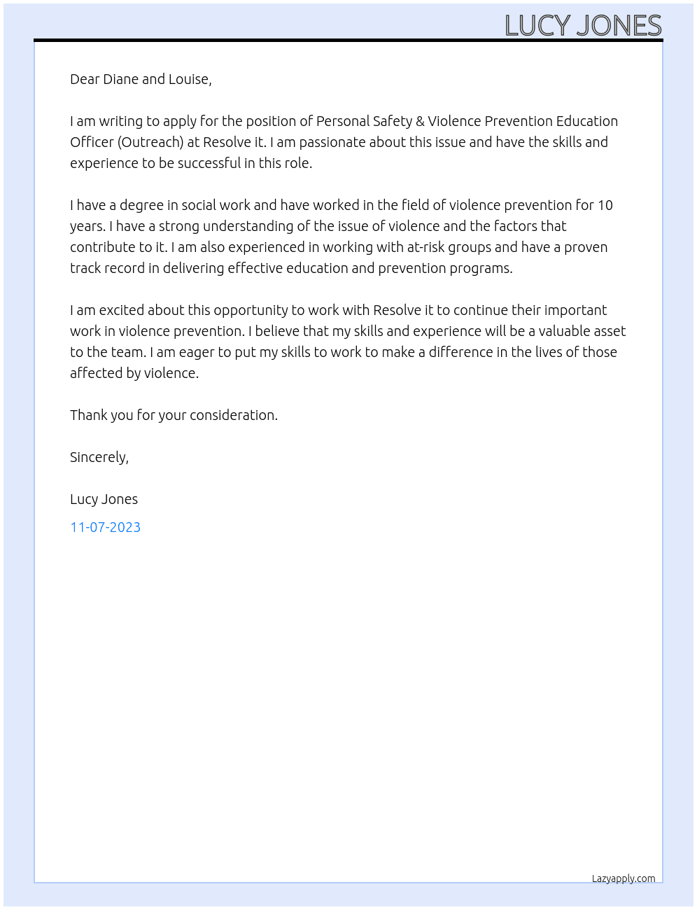 Personal Safety & Violence Prevention Education Officer (Outreach) At Resolve it  Cover Letter