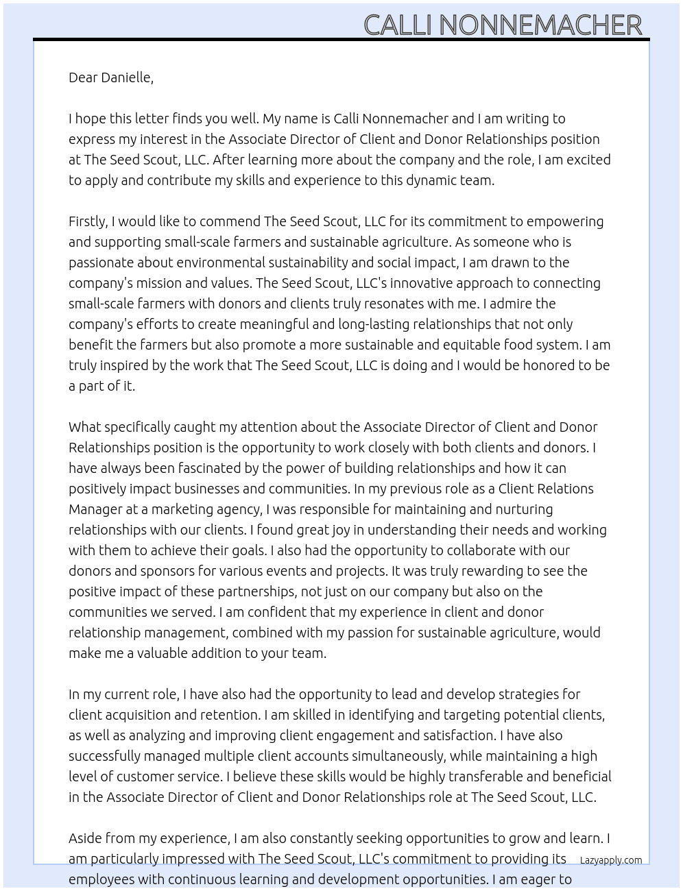 Associate Director of Client and Donor Relationships At The Seed Scout, LLC Cover Letter