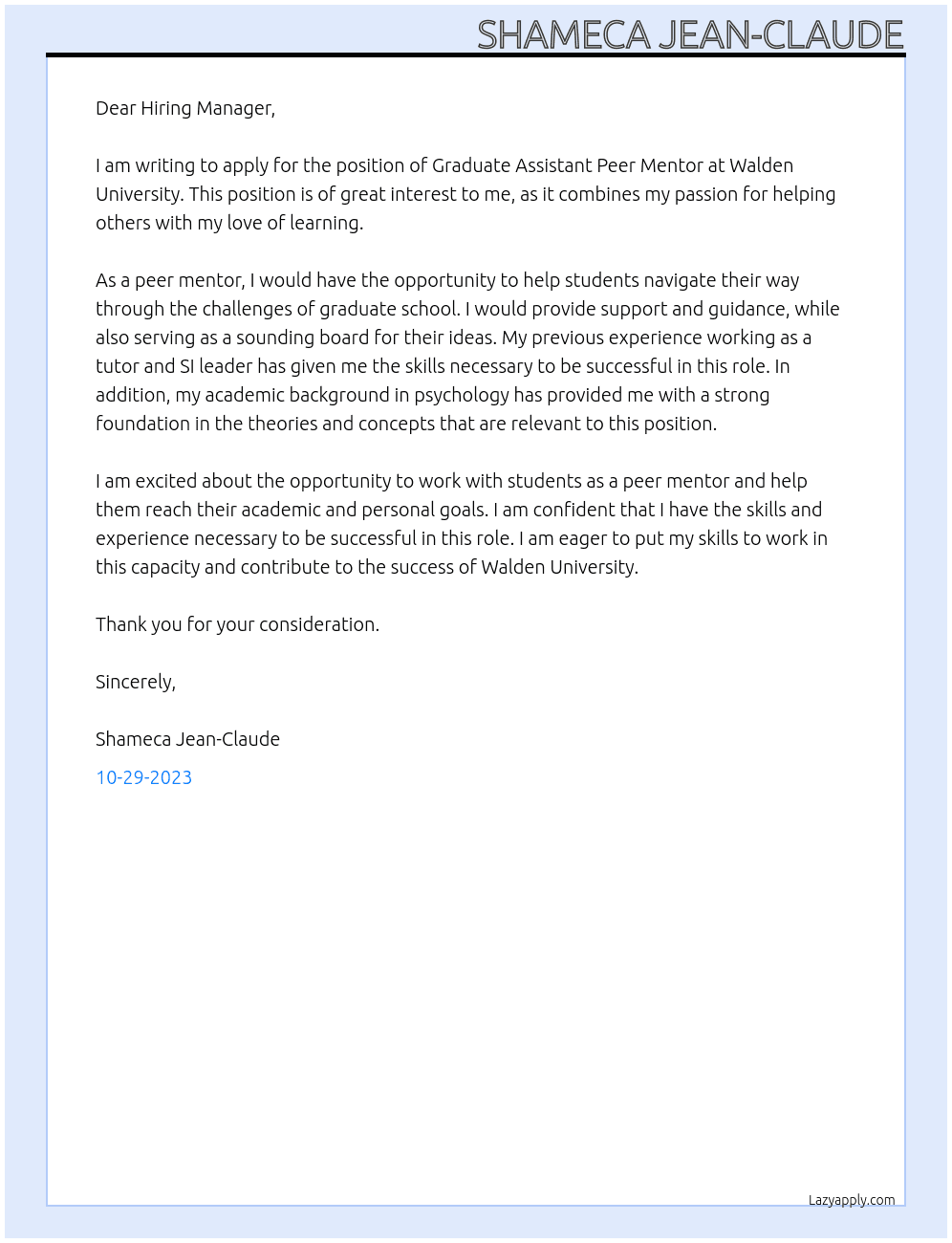 Graduate Assistant Peer Mentor At Walden University Cover Letter