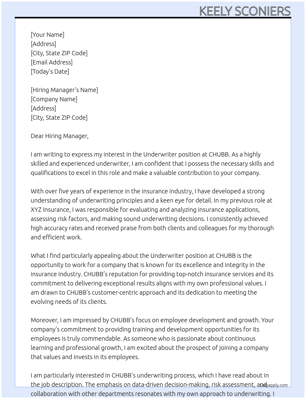 Underwriter  At CHUBB Cover Letter