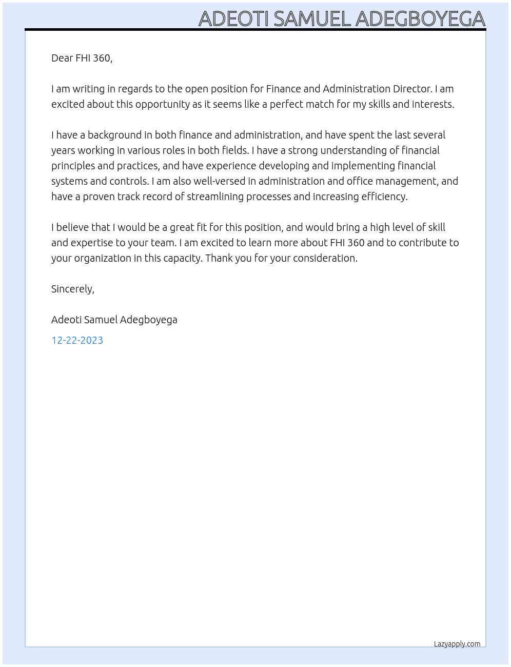 Finance and Administration Director At FHI 360 Cover Letter