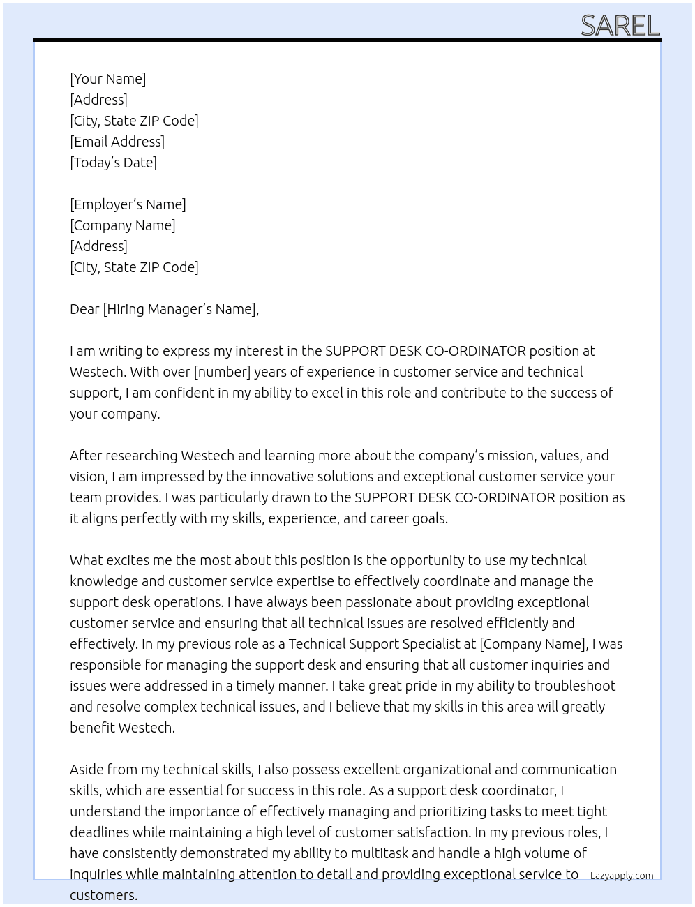 SUPPORT DESK CO-ORDINATOR At Westech Cover Letter