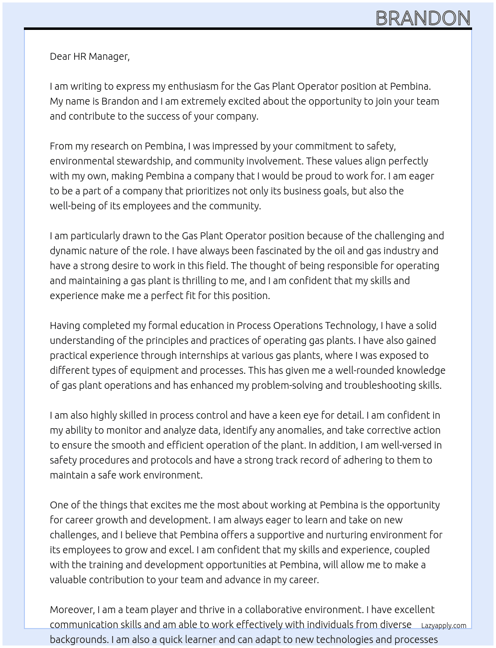 Gas Plant Operator At Pembina Cover Letter