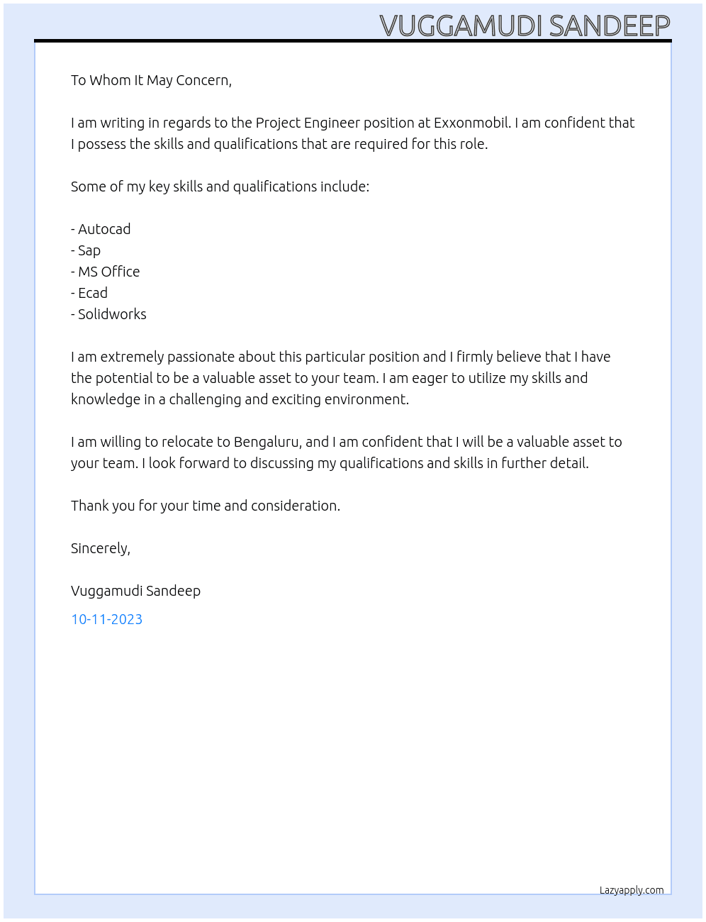 Project engineer At Exxonmobil Cover Letter