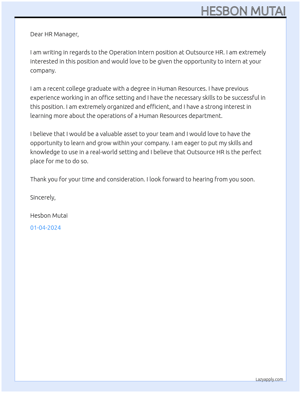 OPERATION INTERN At OUTRESOURCE HR Cover Letter