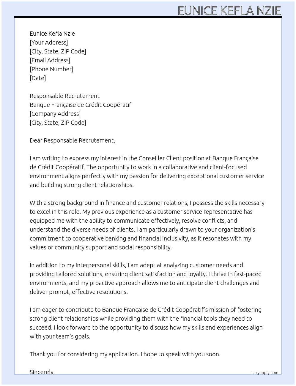 Conseiller client At Banque Française de Crédit Coopératif Cover Letter