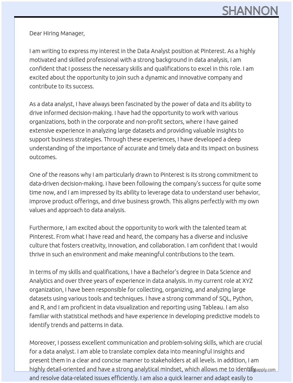 Data Analyst At Pinterest Cover Letter
